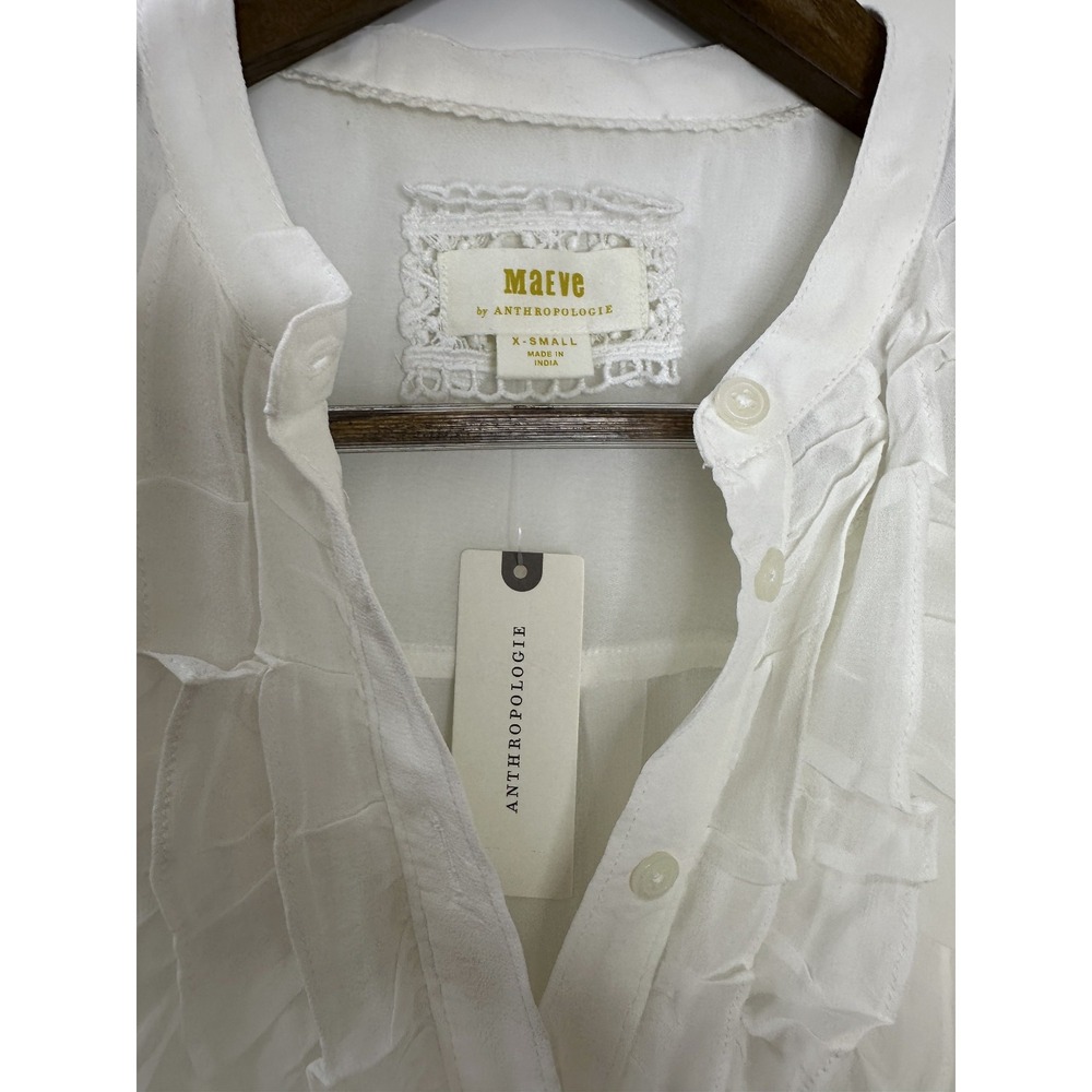 New Maeve Anthropologie Lightweight Ruffle Front Mao Shirt Sheer Button White XS - Picture 8 of 16